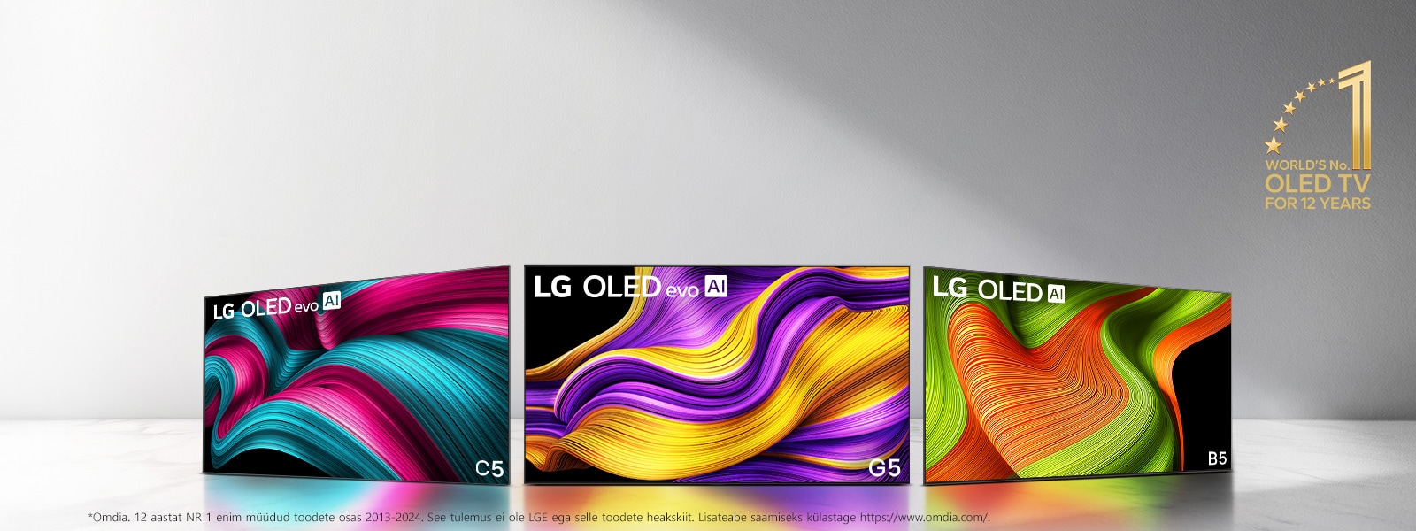 Kolme LG OLED evo AI TV teleri rivistus – C5, G5 ja B5 mudelid. Nurgas on embleem, millel on kirjas ?12 aastat maailma nr. 1 OLED TV teler“. 